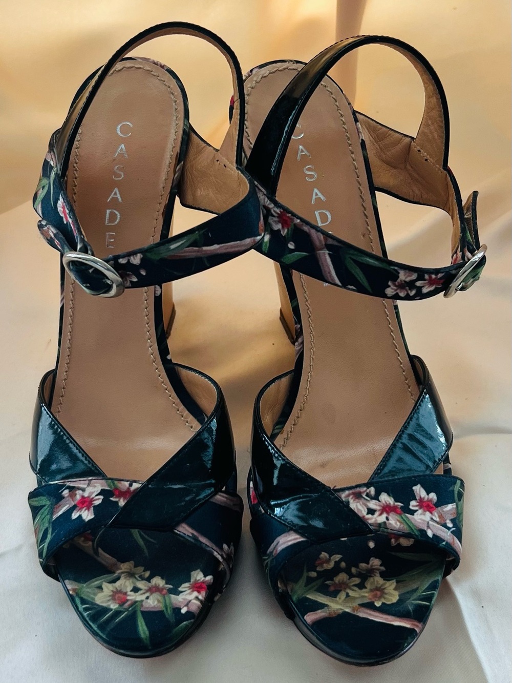 Casadei Black Floral Patent Slingback Heels